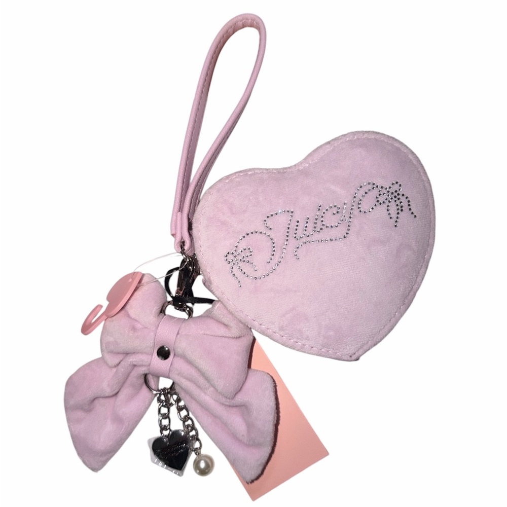 Juicy Couture Lilac Mist Heart Wristlet - Rhinestone Velour Coin Purse w/ Bow